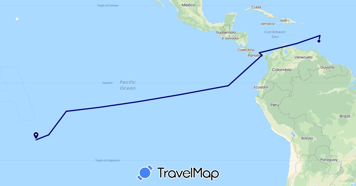 TravelMap itinerary: driving in Ecuador, France, Netherlands, Panama, Saint Vincent and the Grenadines (Europe, North America, South America)